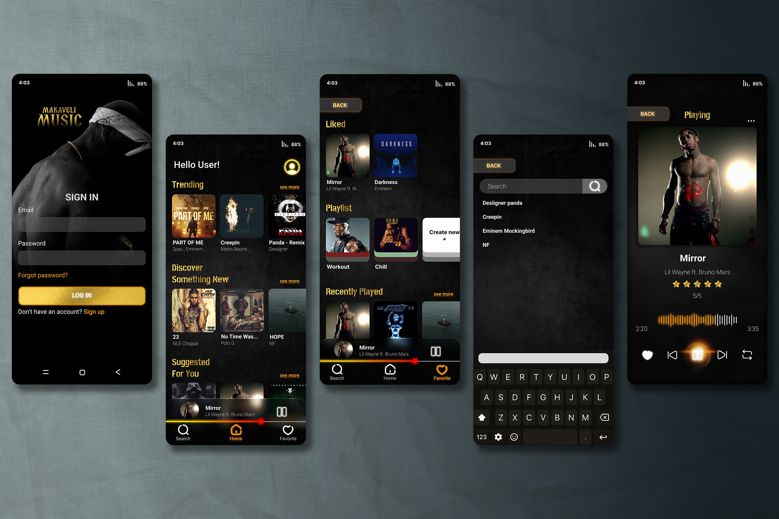 MAKAVELI MUSIC mobile app design presentation, first image.