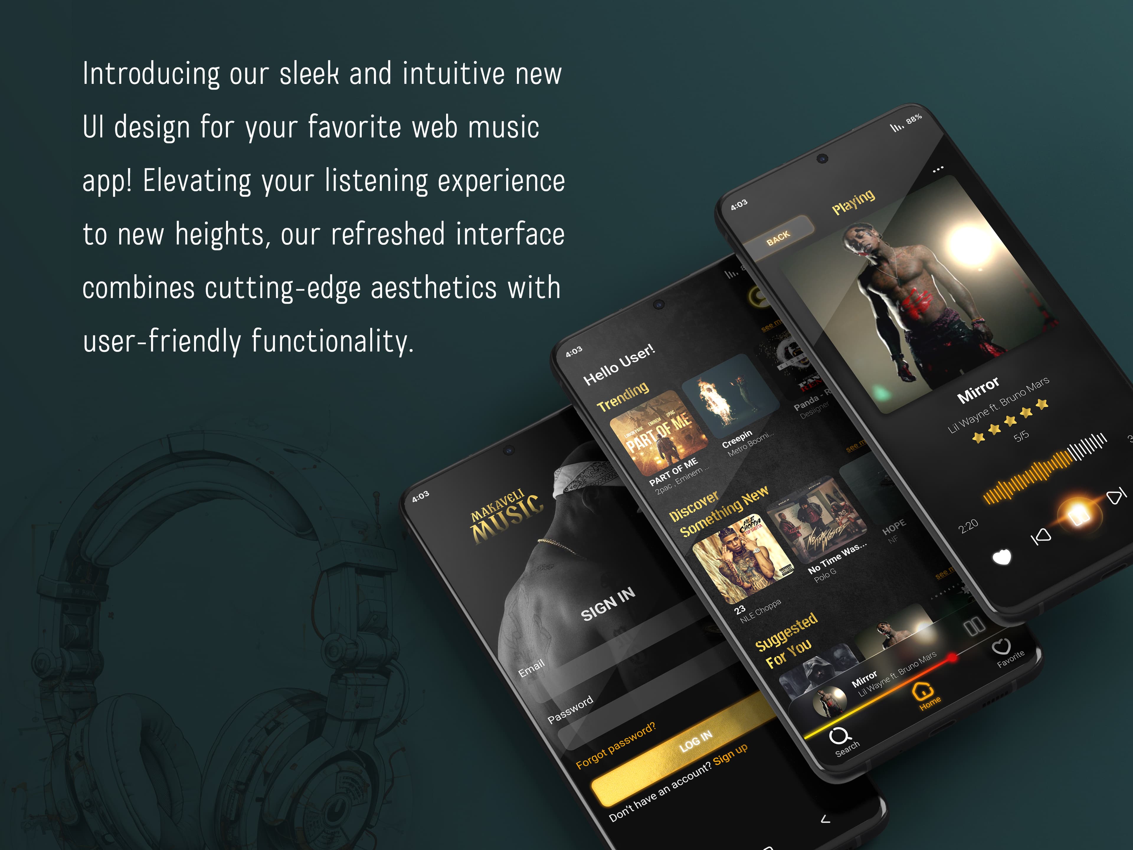 MAKAVELI MUSIC mobile app design presentation, second image.